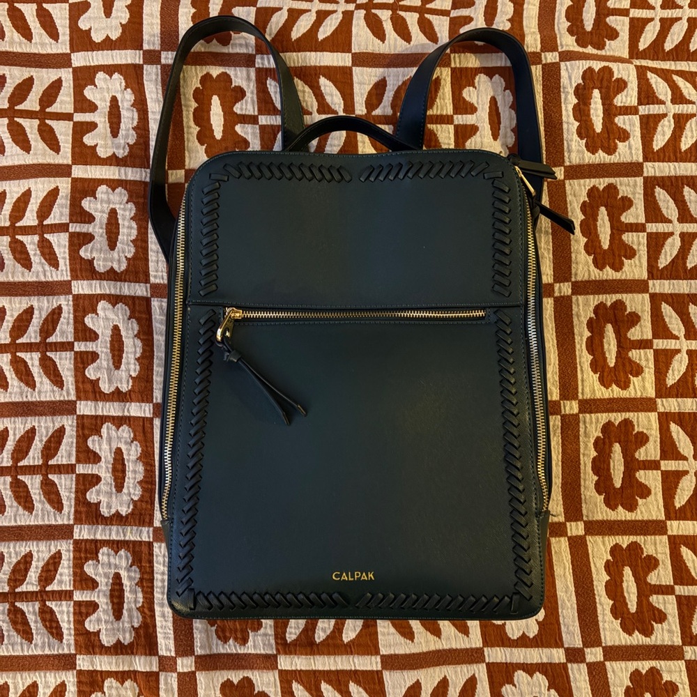 Calpak Forest Green Leather Backpack with Gold Zipper Accents